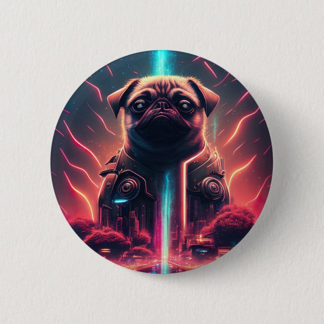 Chapa Redonda De 5 Cm Pug Adorable en traje futurista de robots (Anverso)