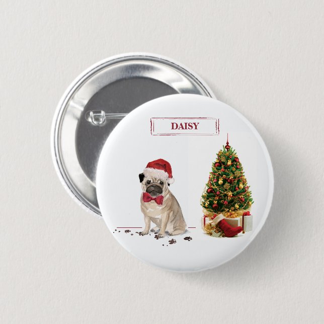 Chapa Redonda De 5 Cm Pug graciosos Navidades perro con árbol (Anverso y reverso)