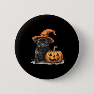 Chapa Redonda De 5 Cm Pug Negro Con Gorra De Brujas Y Calabaza Halloween