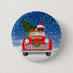 Chapa Redonda De 5 Cm Pug Perro Conduciendo Coche En Navidad Nieve