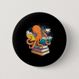 Chapa Redonda De 5 Cm Pulpo libro leyendo lector océano divertido 
