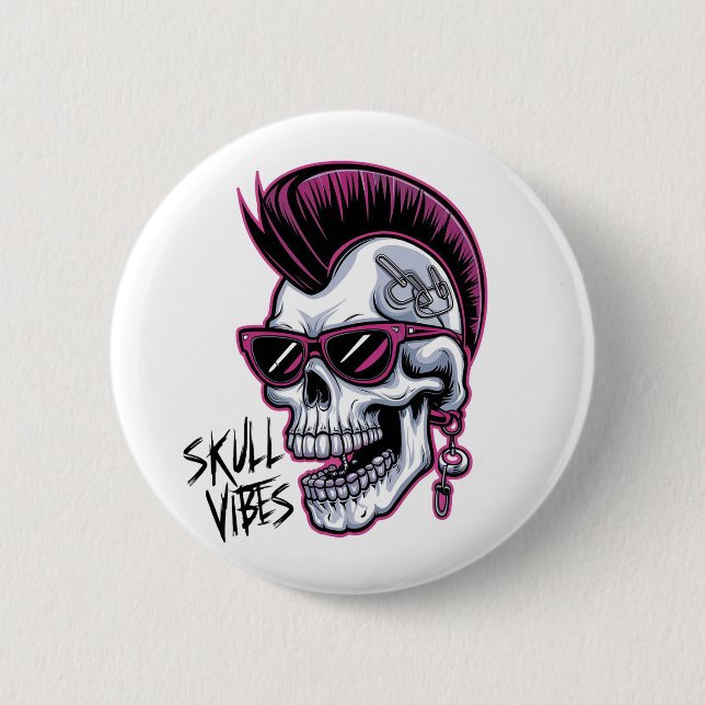 Chapa Redonda De 5 Cm Punk Calavera Vibes. Guay Skull con gafas de sol D (Anverso)