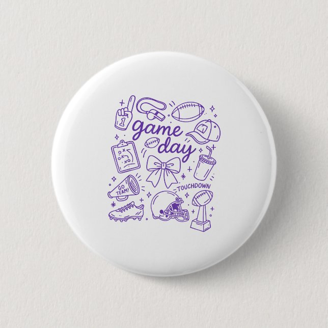 Chapa Redonda De 5 Cm Purple Coquette Bow Cheer Game Day Doodle Touchdow (Anverso)