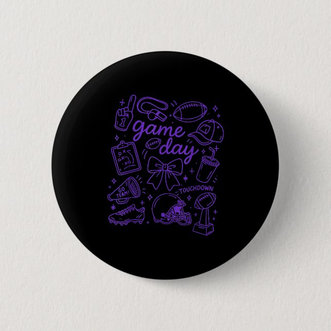 Chapa Redonda De 5 Cm Purple Coquette Bow Cheer Game Day Doodle Touchdow (Anverso)