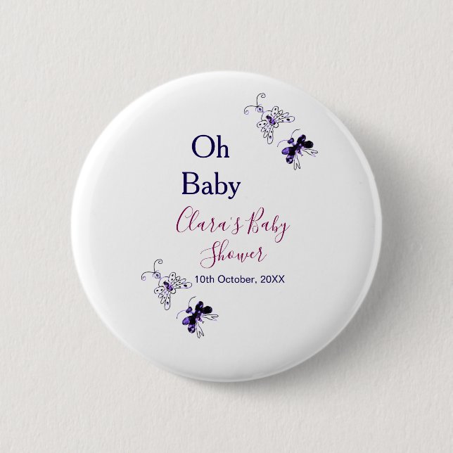 Chapa Redonda De 5 Cm Púrpura mariposa rosa ducha de bebé oh bebé modern (Anverso)