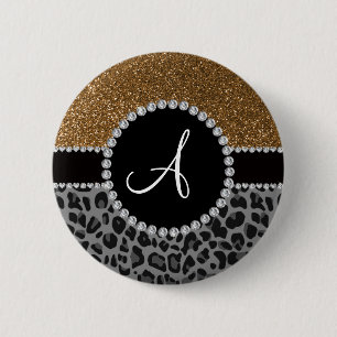 Chapa Redonda De 5 Cm Purpurina negro del oro del leopardo del monograma
