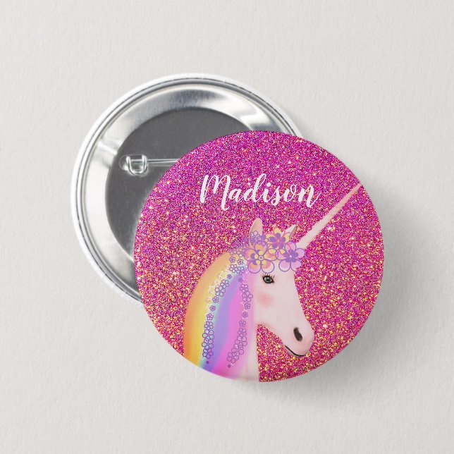 Chapa Redonda De 5 Cm Purpurina rosa de unicornio arcoiris personalizado (Anverso y reverso)