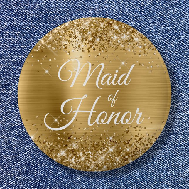 Chapa Redonda De 5 Cm Purpurinoso de Relieve metalizado dorado de la don (Maid of Honor Glittery Gold Foil Button)