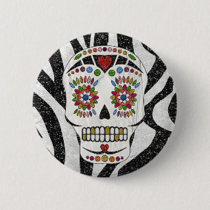 Chapa Redonda De 5 Cm RAB Rockabilly Sugar Skull en Estampado de Cebra