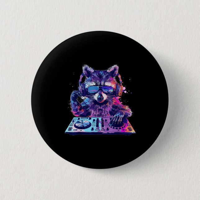 Chapa Redonda De 5 Cm Raccoon Dj Edm Techno House Music Funny Animal Lov (Anverso)