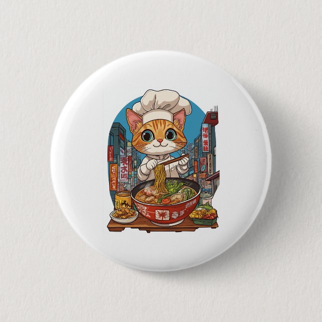 Chapa Redonda De 5 Cm Ramen Neko - Comida Anime, Chef Funny Gato (Anverso)