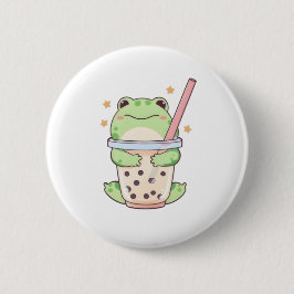 Chapa Redonda De 5 Cm Rana Kawaii Chibi Abrazando Taza de Bubble Tea