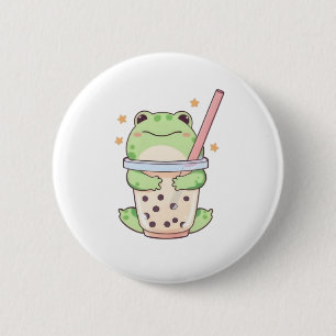 Chapa Redonda De 5 Cm Rana Kawaii Chibi Abrazando Taza de Bubble Tea