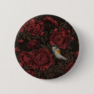Chapa Redonda De 5 Cm Redstart en crisantemos en marrón y rojo