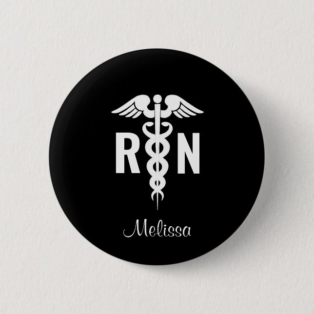 Chapa Redonda De 5 Cm Registered Nurse Caduceus Black White Personalized (Anverso)