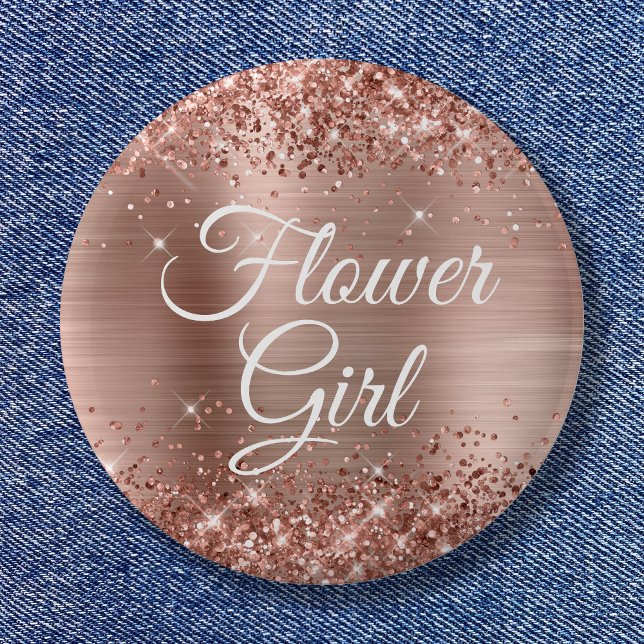 Chapa Redonda De 5 Cm Relieve metalizado dorado de Rosa Purpurinoso de l (Flower Girl Glittery Rose Gold Foil Button)