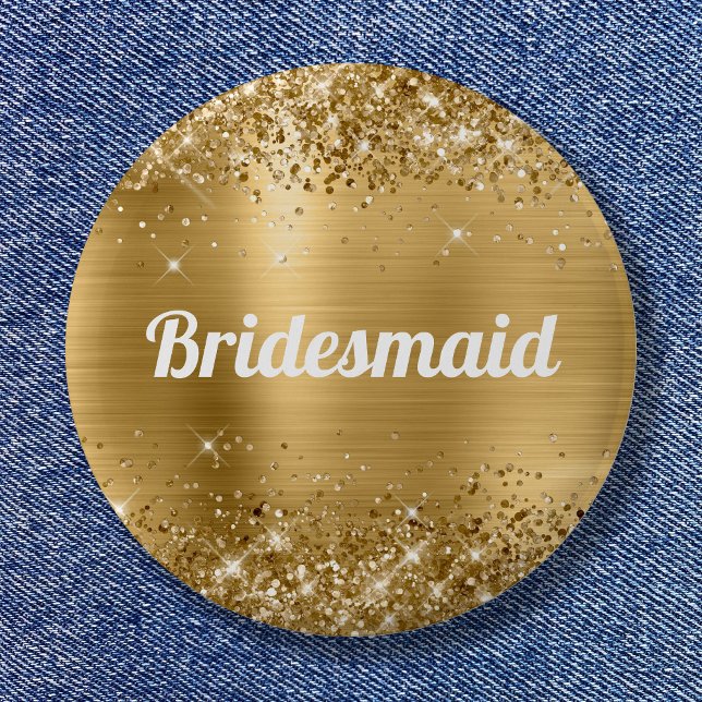 Chapa Redonda De 5 Cm Relieve metalizado dorado Purpurinoso de la dama d (Glittery Gold Foil Bridesmaid Button)
