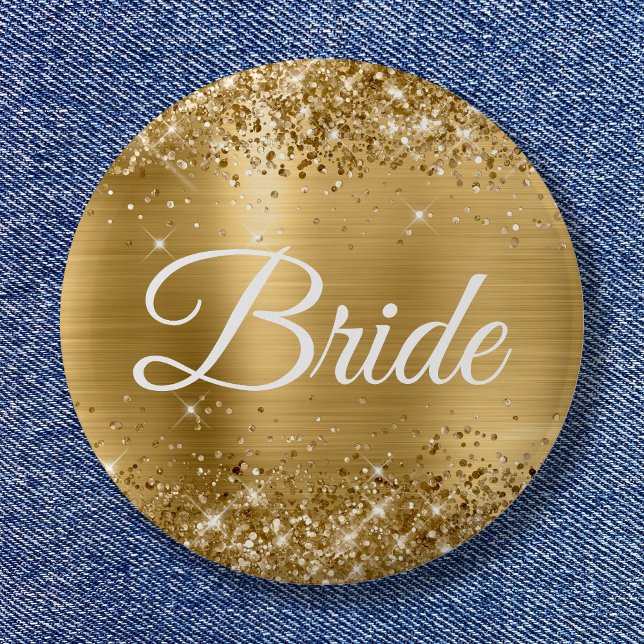 Chapa Redonda De 5 Cm Relieve metalizado dorado Purpurinoso de novia (Bride Glittery Gold Foil Button)