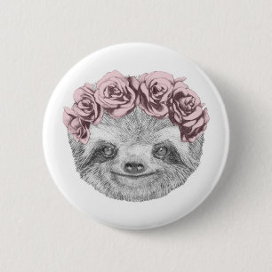 Chapa Redonda De 5 Cm Retrato De Sloth Floral
