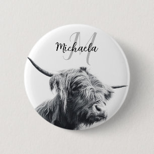 Chapa Redonda De 5 Cm Retrato de vaca Highland monograma inicial blanco