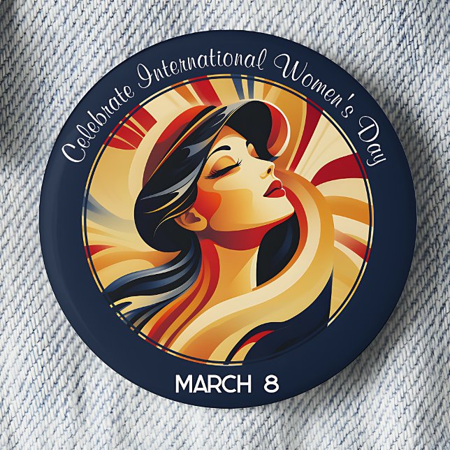 Chapa Redonda De 5 Cm Retro celebra el Día Internacional de la Mujer (Navy Blue Celebrate International Women's Day March 8 pinback button.)