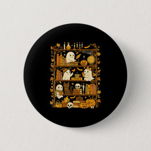 Chapa Redonda De 5 Cm Retro Librería Black Cat Halloween Ghost Reading