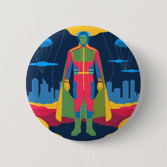 Chapa Redonda De 5 Cm Retro Sci-Fi Hero Over Cityscape (Anverso)