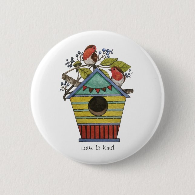 Chapa Redonda De 5 Cm Robins Con Arándanos Y Aves (Anverso)