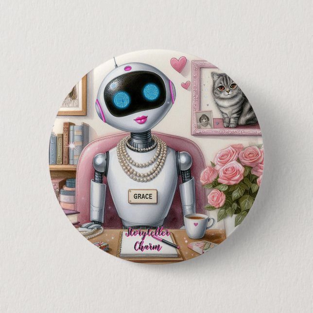Chapa Redonda De 5 Cm Robot AI Stoyteller Charm ama el lápiz labial rosa (Anverso)