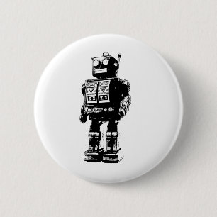 Chapa Redonda De 5 Cm Robot blanco y negro del vintage