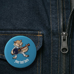 Chapa Redonda De 5 Cm Rock and Roll Guitar Owl in Jumpsuit Cartoon