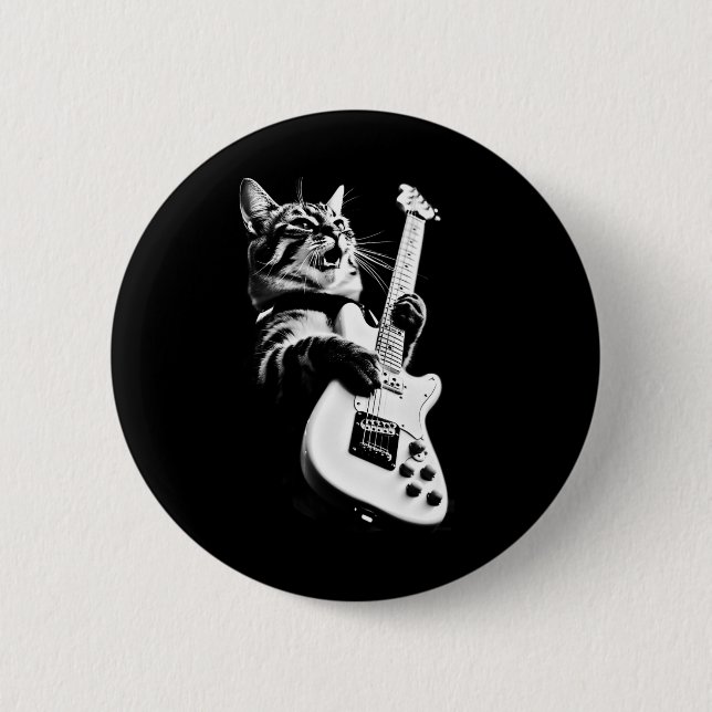 Chapa Redonda De 5 Cm Rock Cat Toca Guitarra - Gracioso Gato 1 (Anverso)