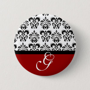 CHAPA REDONDA DE 5 CM ROJO BLANCO NEGRO DAMASK BODA MONOGRAM