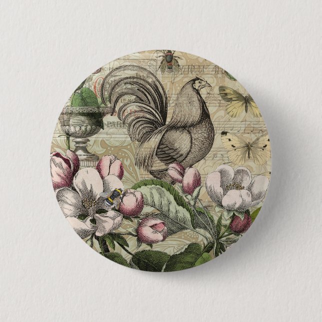 Chapa Redonda De 5 Cm Rooster Garden Flower Butfly Art (Anverso)