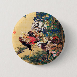 Chapa Redonda De 5 Cm Rooster y Hen con Hydrangeas de Ito Jakuchu