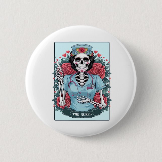 Chapa Redonda De 5 Cm Rosa floral Skeleton Enfermera Tarot Card Hallowee (Anverso)