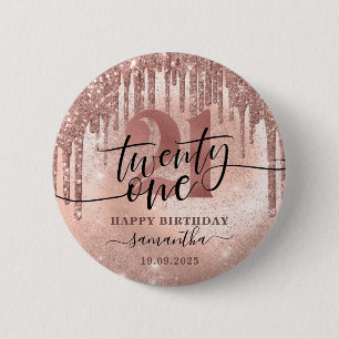 Chapa Redonda De 5 Cm Rosa Purpurina y Relieve metalizado 21 cumpleaños