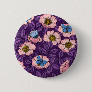 Chapa Redonda De 5 Cm Rosa silvestre y mariposas en rosa y púrpura