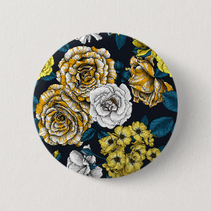 Chapa Redonda De 5 Cm Rosas amarillos, blancos y bicolor con hojas azule