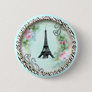 Chapa Redonda De 5 Cm Roses rosas rosadas de la Torre Eiffel e impresión
