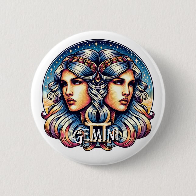 Chapa Redonda De 5 Cm Rótulo Horoscopio Gemini | Rótulo Astrología de Ge (Anverso)