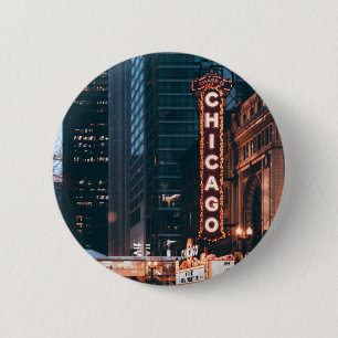Chapa Redonda De 5 Cm Rótulo Neon de Chicago de noche