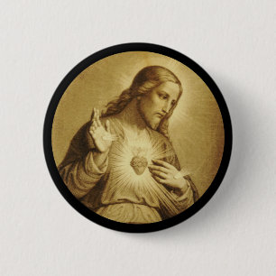 Chapa Redonda De 5 Cm Sagrado Corazón de Oro con Cruz
