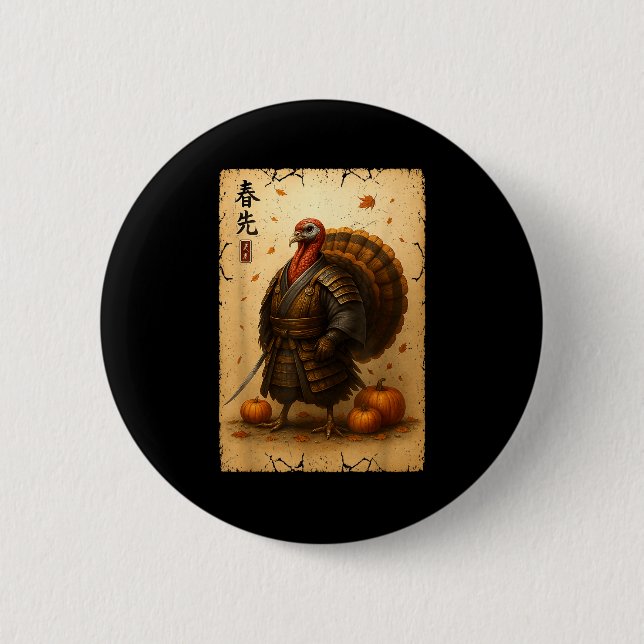 Chapa Redonda De 5 Cm Samurai Turkey Thanksgiving Japanese Warrior Anime (Anverso)