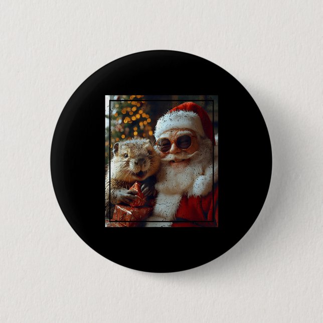 Chapa Redonda De 5 Cm Santa And Beaver Selfie Funny Christmas Design  (Anverso)