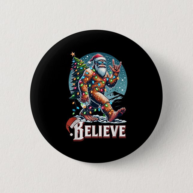 Chapa Redonda De 5 Cm Santa Bigfoot Christmas Lights Funny Sasquatch Bel (Anverso)