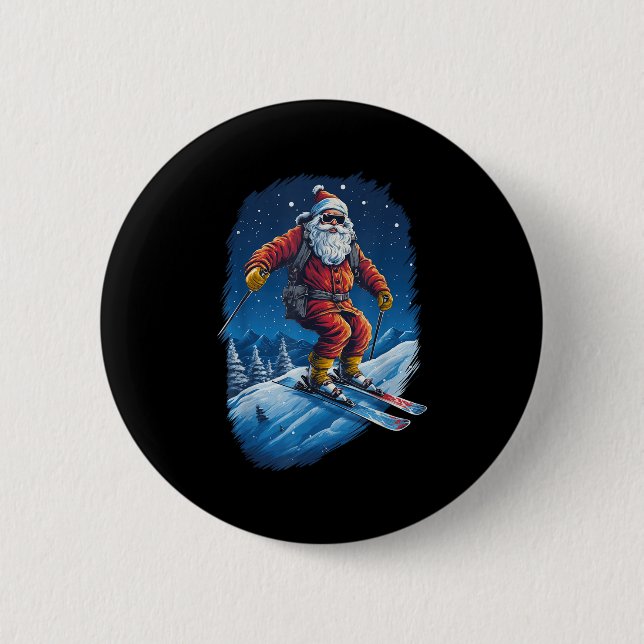 Chapa Redonda De 5 Cm Santa Claus Shredding The Slopes Santa Skiing Chri (Anverso)
