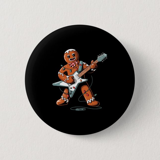 Chapa Redonda De 5 Cm Santa Gingerbread Playing Guitar Funny Christmas P (Anverso)