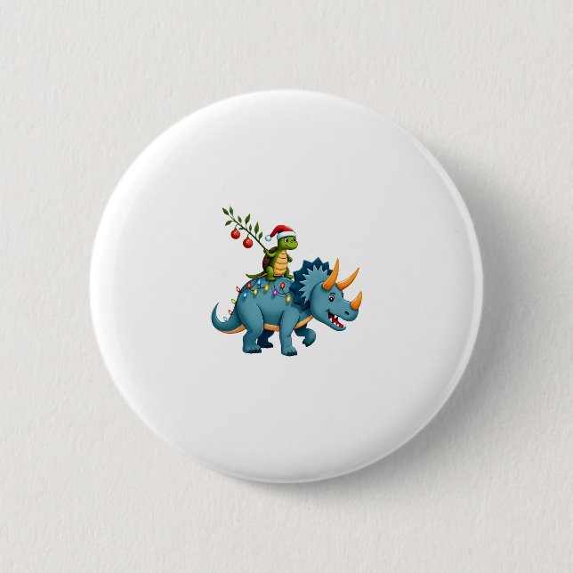 Chapa Redonda De 5 Cm Santa Turtle Riding T-Rex Reindeer Christmas Light (Anverso)