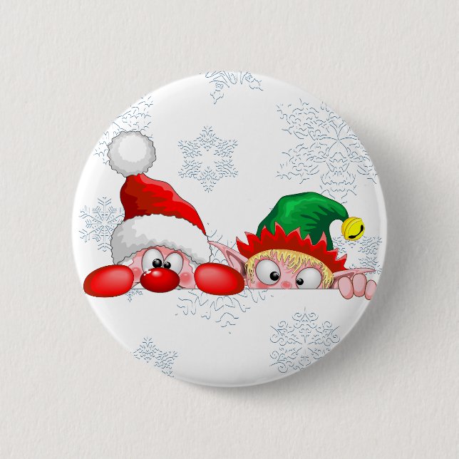 Chapa Redonda De 5 Cm Santa y Elf Cute y graciosos personajes Peeking (Anverso)